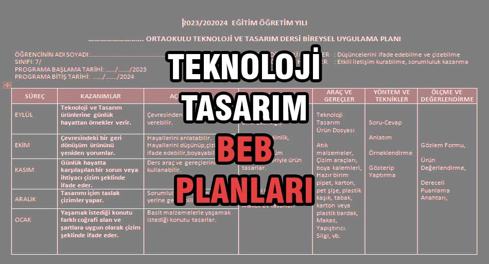 teknoloji tasarım dersi bep planları